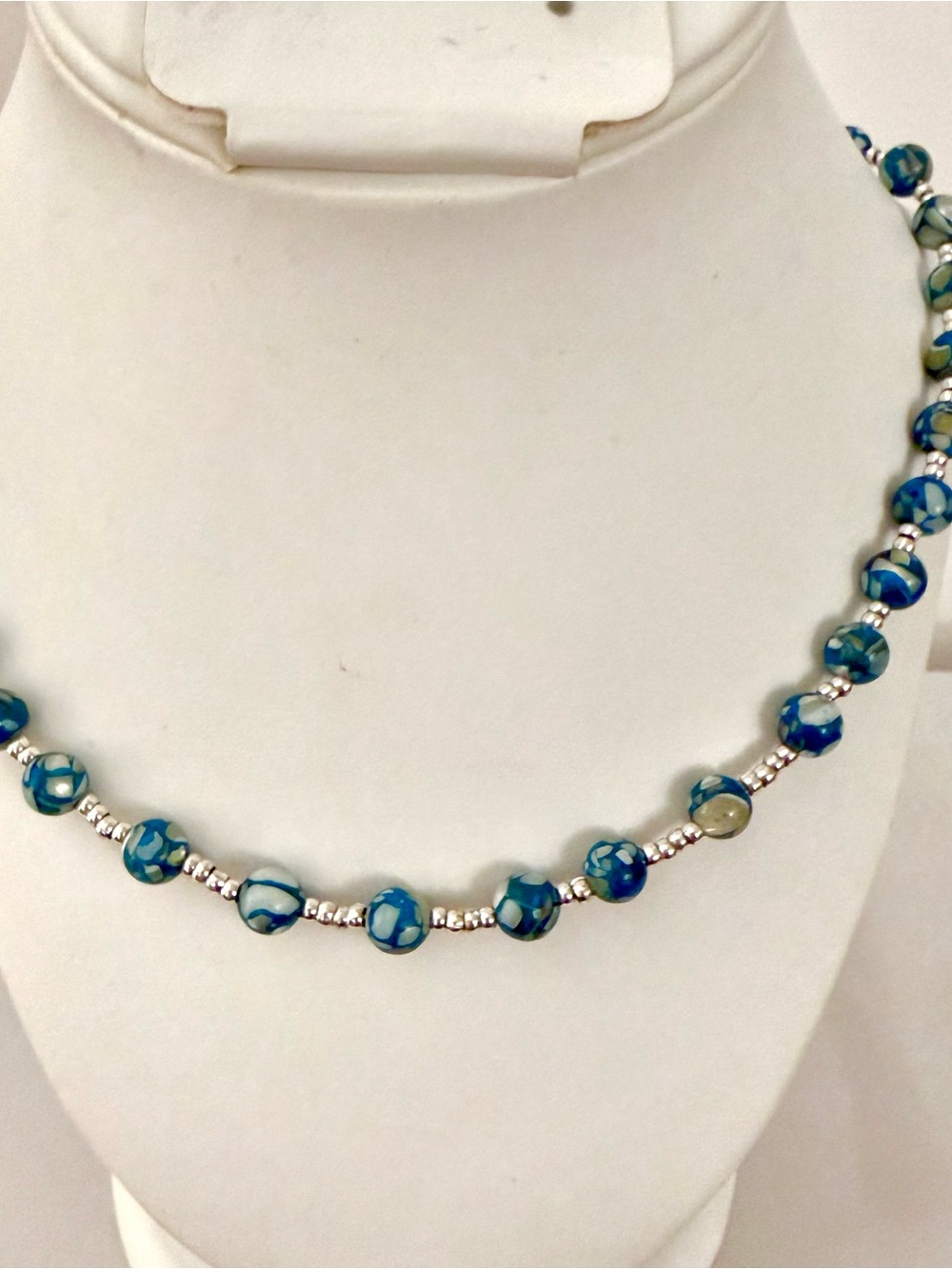 Blue Mosaic Stone Beaded Necklace Silver Tone Spacers Boho Southwestern